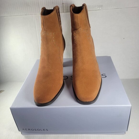 Aerosoles Women Lazu Tan Suede Western Studded 3.5" Heel Ankle Boots Size 9.5 - Picture 7 of 8